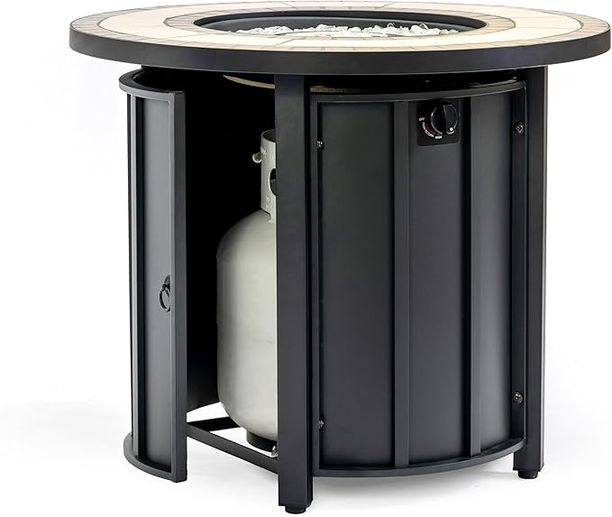 30'' Marble Ceramic Round Propane Fire Pit Table, 50,000 BTU Gas FirePit for Outdoor, Fire Table with Lid, Warmth & Ambience to Gatherings and Parties On Patio Deck Garden Backyard, Black.