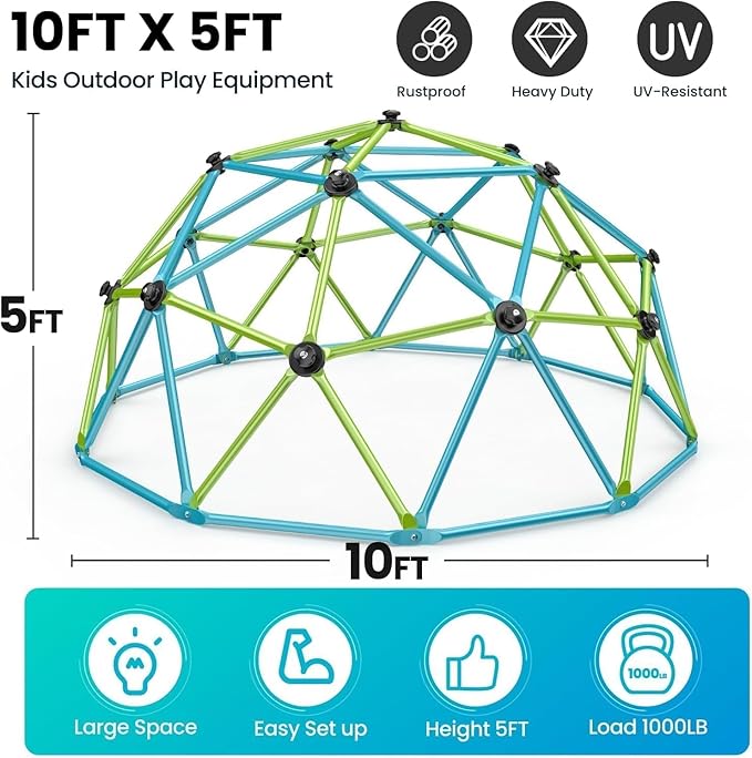 Easyego Climbing Dome, 10FT Jungle Gym with Swing for Kids 3 to 10 Outdoor Play Equipment, Supports 800lbs Toddler Play Set, Anti-Rust & Easy Assembly, Gift for Boys Girls (Green & Blue)