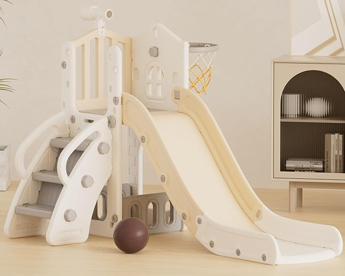 XJD 5 in 1 Toddler Slide, Kids Slide for Toddlers Age 1-3, Outdoor Indoor Playset for Toddlers with Basketball Hoop and Ball, Storage Space Birthday Gifts for Toddler (Beige)