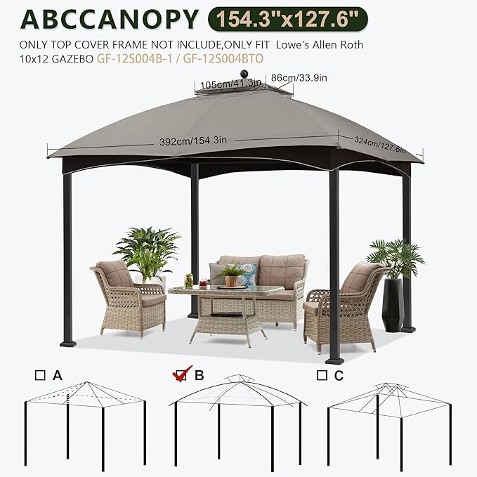 ABCCANOPY Gazebo Replacement Canopy Top for Lowe's Allen Roth #GF-12S004B-1, Gray