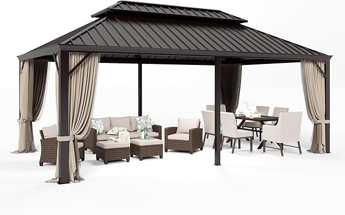 HERA'S HOUSE 12’x20’ Hardtop Gazebo Canopy, Outdoor Galvanized Steel Double Roof Gazebo, Aluminum Frame Pavilion with Netting and Curtains for Patio Lawn Backyard Deck Garden