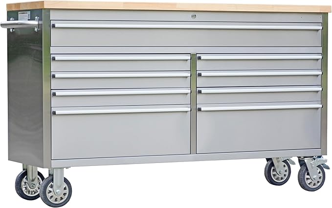 Tool Chest, 61 Inch Tool Box Mobile 9 Drawers Storage Rolling Cabinet with Wheels Lock Key Locking System Drawer Liners for Garage Warehouse Repair Shop, Sliver