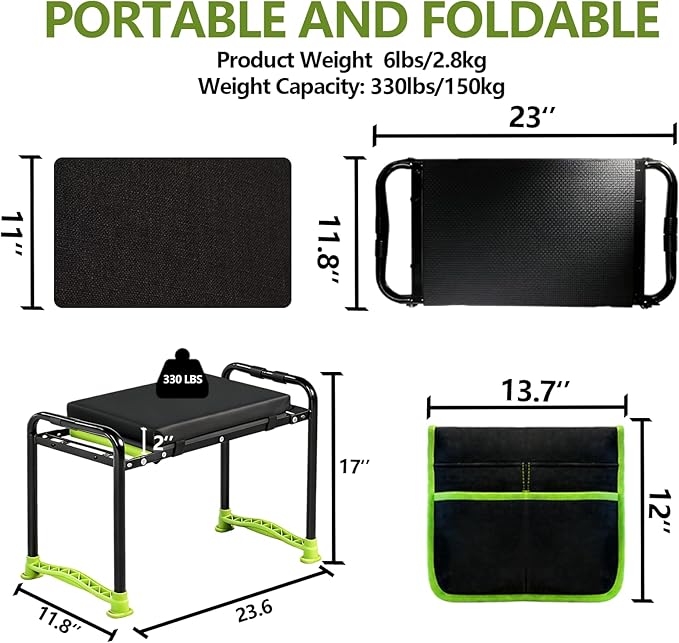 Garden Kneeler and Seat, Heavy Duty Gardening Stool with 1.8 Thick Detachable Kneeling Pad, Foldable Bench Chair with 2 Tool Pouches for Knee & Back Pain Relief for Women, Men, Seniors (Green)