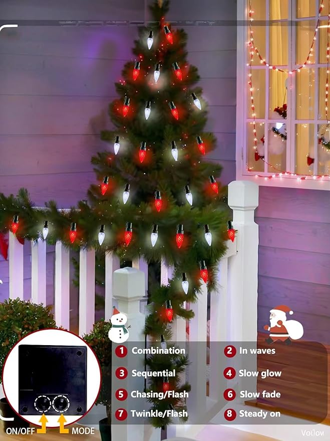 C6 Solar Christmas Lights Outdoor, 100 LED 33FT Christmas Decorations Outdoor Waterproof, Solar String Lights for Outside with 8 Modes, Fairy Twinkle Light for Tree Garden Yard Decor (Red and White)