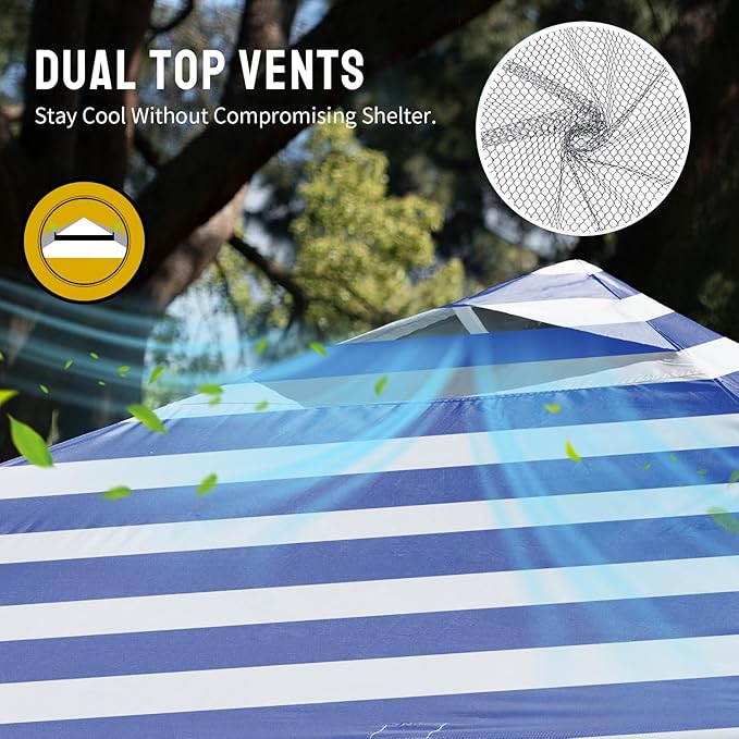 Crown Shades 10x10 Pop Up Canopy - Beach Tent with One Push Setup - Outdoor Sun Shade for Events, Parties, Camping - STO-N-Go Cover Bag, Silver Coated Top, 3 Height& 4 Sand Bags, Navy Blue Stripes