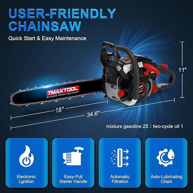62cc Gas Chainsaw, 3.5-HP, 18 Inch Chain Saw, Gas Powered Chainsaws, 2-Stroke Gasoline Power Chain Saws with Automatic Oiler for Wood Cutting, Easy-Start, Black