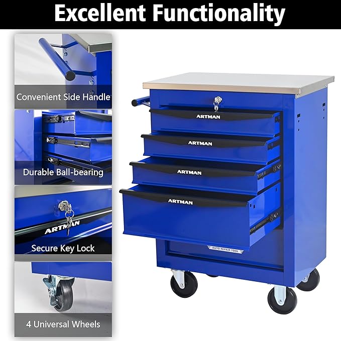 RYH 4/5/6/7 Drawers Rolling Tool Chest -Heavy Duty Mobile Metal Tool Box with Locking Wheels, with Stainless Steel Worktop, Garage Tool Storage Cabinet (Blue, 5-Drawers 30.7 H¡¿22.2 W)