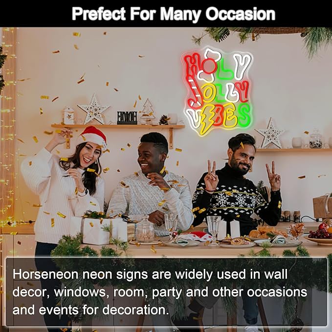 Horseneon Holy Jolly Vibes Neon Sign, Merry Christmas Neon Signs for Wall Decor, Christmas Tree Neon Light LED Sign with USB Powered for Christmas Party, Windows, Home Decor, Bedroom, Living room, Bar