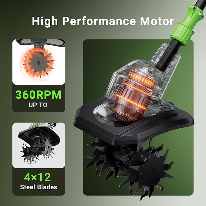 20V Cordless Tiller Cultivator, Lightweight 360RPM Electric Garden Tiller with 2 * 2.0Ah Batteries, 9 Width, 6.6 Depth, 48 Steel Tines Mini Rototiller for Weeding, Gardening & Soil Cultivation Green