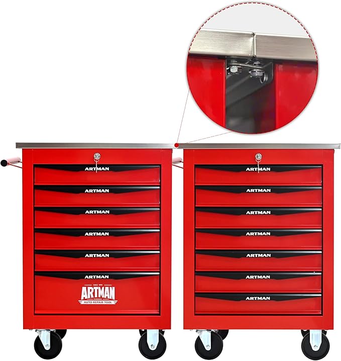RYH 4/5/6/7 Drawers Rolling Tool Chest -Heavy Duty Mobile Metal Tool Box with Locking Wheels, with Stainless Steel Worktop, Garage Tool Storage Cabinet (Red, 6-Drawers 30.7 H¡¿22.2 W)