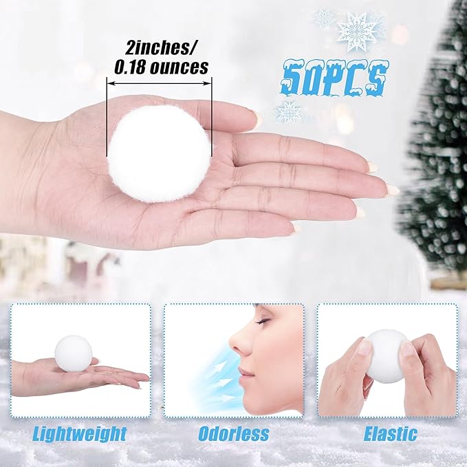 Fovths 50 Pack Snow Toy Ball for Kids 2 Inch Artificial Snow Fight Ball Set Realistic Fake Snow Toss Ball Set for Indoor & Outdoor Snow Fight Christmas Tree Decoration and Winter Family Toss Games