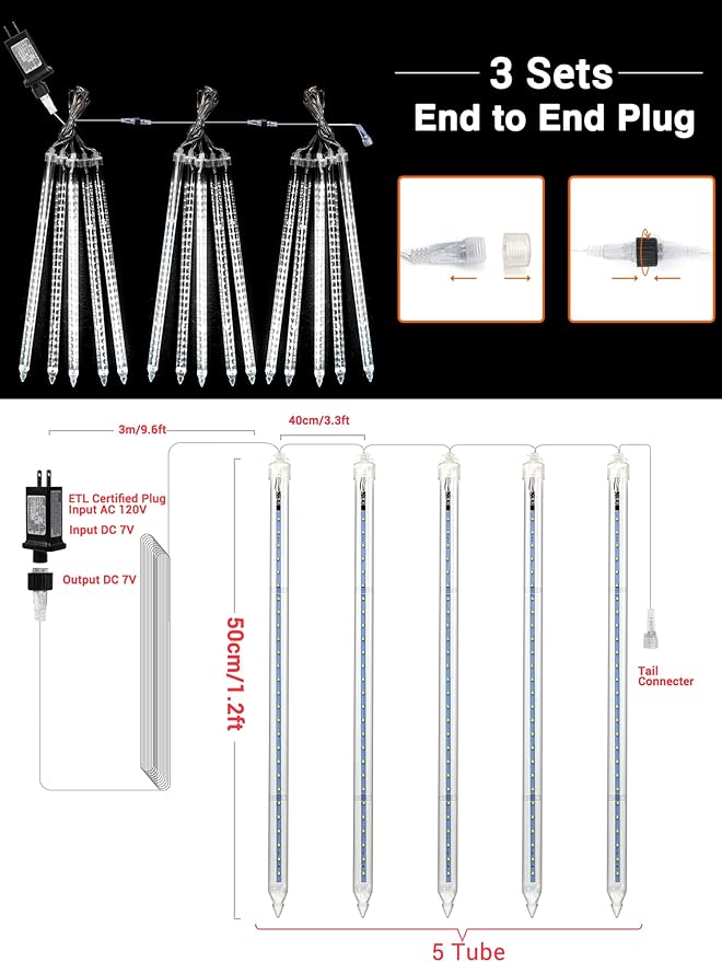 Flacchi Meteor Shower Icicle Lights - 5 Tubes 20" Each 270 LED Cascading Raindrop Lights, Timer Outdoor Waterproof Christmas Decorations for Holiday Party(Cool White)