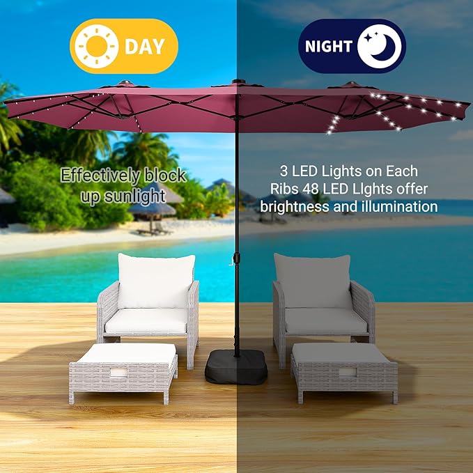 CHABATREE 15FT Rectangle Patio Umbrella with Base & Solar LED Lights - Double-Sided