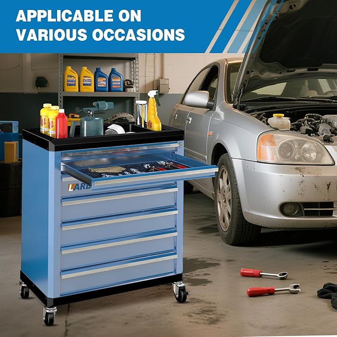 LARBANKE 7-Drawer Rolling Tool Chest with Lock&Keys and Swivel Casters,Tool Chest with Multi-Sizes Drawers and Multifunctional Countertop,Special Connect Rods for Connection with 5-Drawer Tool Cabinet