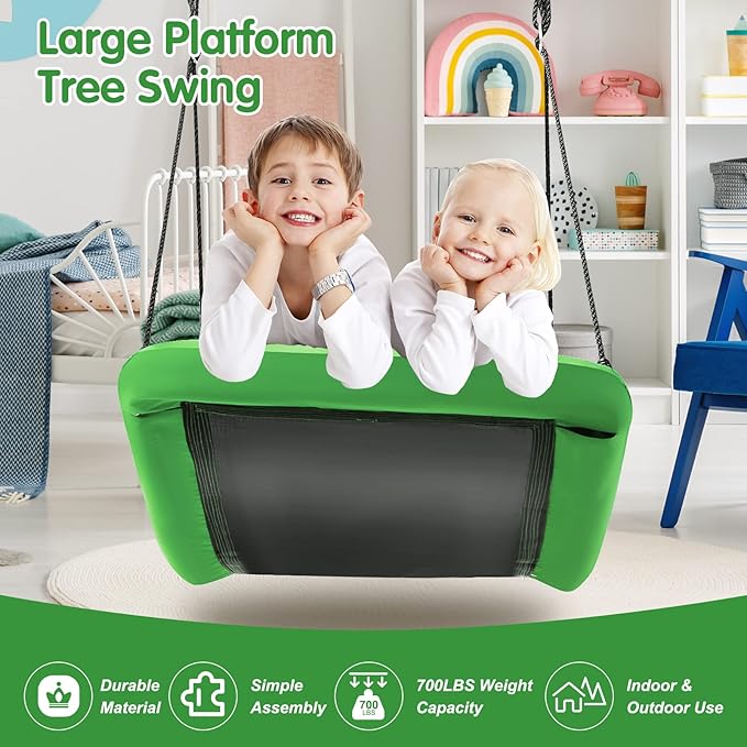 Costzon 700 lbs Giant 60'' Platform Tree Swing for Kids and Adult, Indoor/Outdoor Large Swing with Oxford Fabric, Adjustable Hanging Ropes, Suitable for Park, Playground, Backyard (Green)