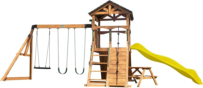Backyard Discovery Endeavor II Cedar Wood Swing Set with Wave Slide, Play Deck, Double Rock Wall, Picnic Table, Climbing Wall, Belt Swings, Web Swing, Toy Telescope, Step Ladder, Outdoor Playset