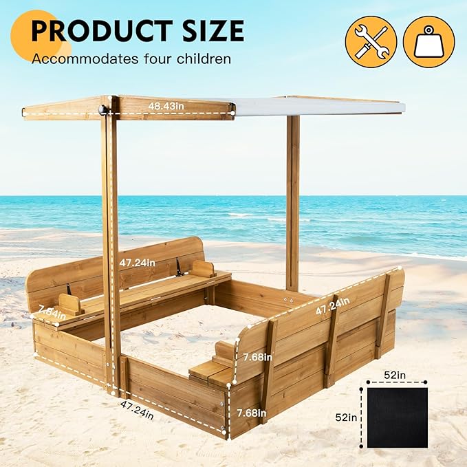 Wooden Kids Sandbox with Lid, Outdoor Sand Box with Adjustable Canopy and Two Foldable Bench Seats, Sandbox with Cover for Beach, Backyard, Bottom Liner & UV-Resistant, Gift for Kids Age 2-8, 47''