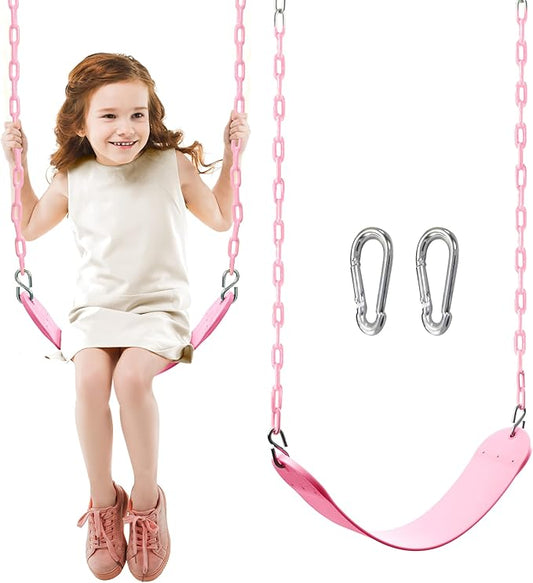 TURFEE Heavy Duty Swing Seat Pink Color with 66¡± Chain, Swing Set Accessories Replacement with Snap Hooks for Kids Outdoor Play Playground