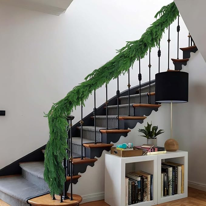 2Pcs 6FT Christmas Norfolk Pine Garland, Greenery Real Touch Decorations for Mantle Table Staircase Fireplace Mantel Porch Banister Holiday Home Winter Faux Xmas Garland Winter Indoor Outdoor Decor