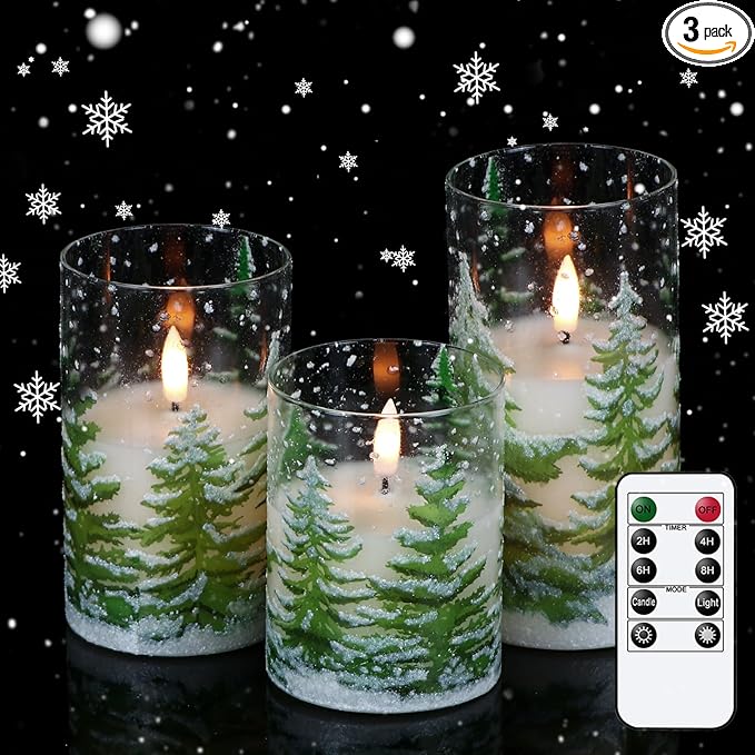 Wondise Christmas Tree Glass Flameless Candles, Battery Operated Flickering Candles with Remote and Timer, Real Wax LED Pillar Christmas Candles for Christmas Holiday Decor D3 x 4",5",6"