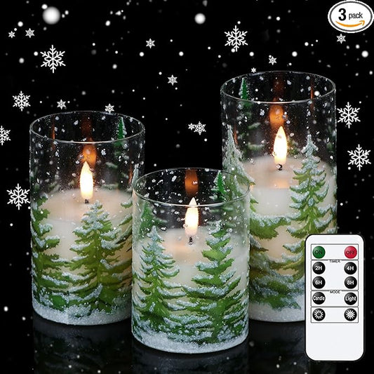 Wondise Christmas Tree Glass Flameless Candles, Battery Operated Flickering Candles with Remote and Timer, Real Wax LED Pillar Christmas Candles for Christmas Holiday Decor D3 x 4",5",6"