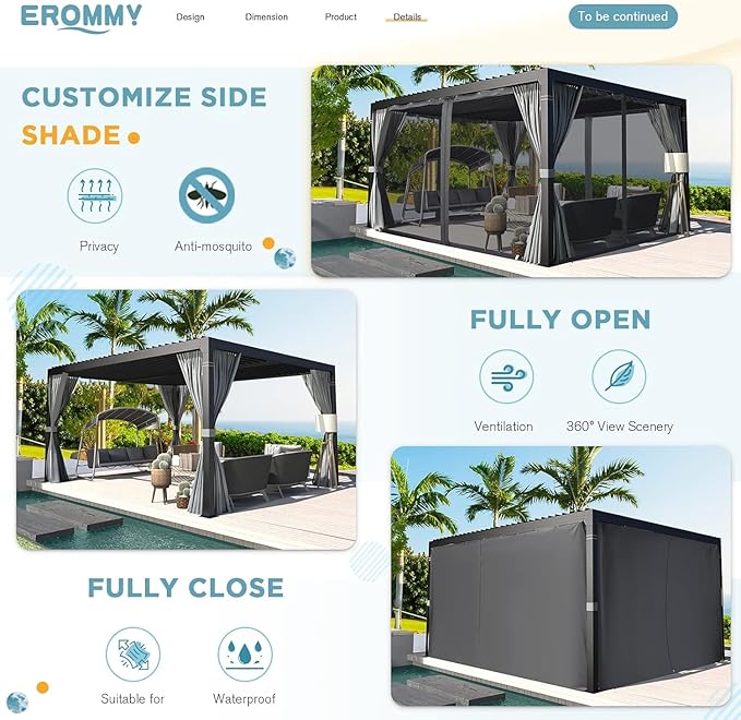 EROMMY Louvered Pergola 10' x 12', Outdoor Aluminum Pergola with Adjustable Rainproof Roof for Garden, Patio, Deck, Waterproof Curtains and Netting Included, Gray-Black