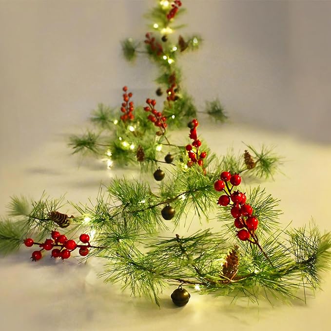 Christmas Garland Lights 9.84 FT Smokey Pine Garland with 40 LED Fairy Lights Battery Operated Red Berries Bells Pine Cones Garland Wreath for Christmas Tree Door Mantle Indoor Outdoor Home Decoration
