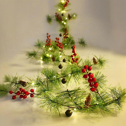 Christmas Garland Lights 9.84 FT Smokey Pine Garland with 40 LED Fairy Lights Battery Operated Red Berries Bells Pine Cones Garland Wreath for Christmas Tree Door Mantle Indoor Outdoor Home Decoration