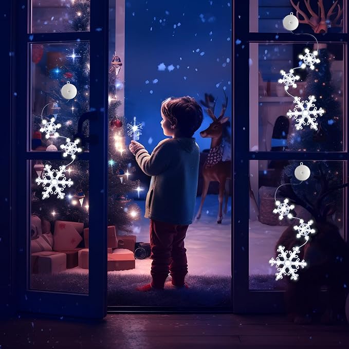 3Pack Christmas Window Lights Decorations with Timer, Battery Powered Christmas Hanging White Lighted Snowflake Shaped LED Sucker String for Xmas Tree Fireplace Indoor Decor