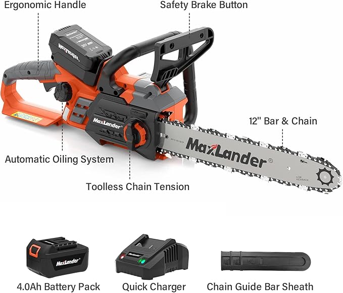 12-Inch Cordless Battery Operated Chainsaw with 1x4.0Ah Battery&Charger, MAXLANDER 20V Electric Chainsaw with Auto-Tension & Auto-Lubrication, Lightweight Handheld for Wood Cutting & Trimming