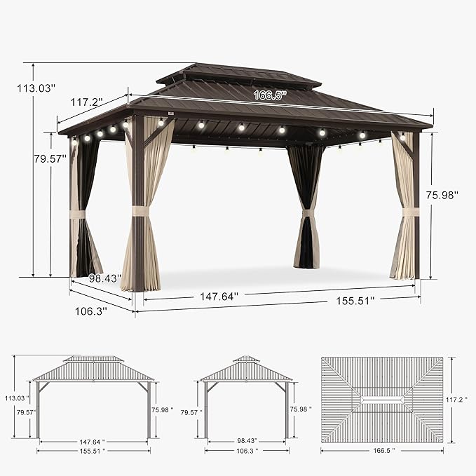 PURPLE LEAF 10’ X 14' Hardtop Gazebo Outdoor Metal Frame Galvanized Steel Double Roof with Curtains and Nettings for Patio Desk Backyard Bronze