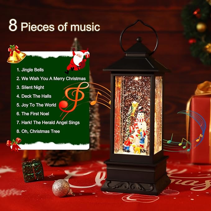 Snow Globes Christmas Lantern, Christmas Decorations Musical Snow Globe Lantern, LED Lighted USB or Battery Operated Spinning Water Glitters Lighted Singing Lantern Christmas Home Decor and Xmas Gift