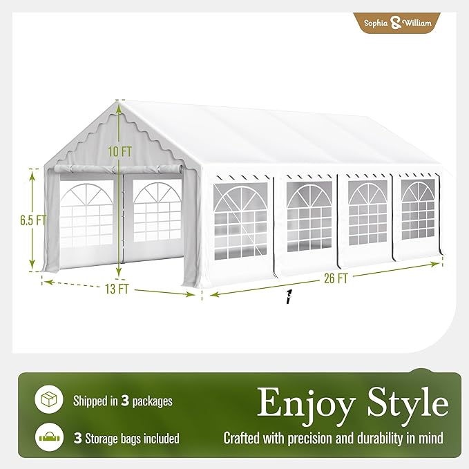 Sophia & William Party Tent 13x26 ft, Heavy Duty, Waterproof, White with Sidewalls for Backyard Parties, Outdoor Activities, Weddings, Camping