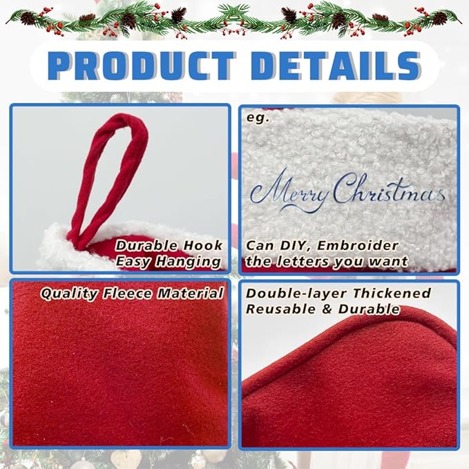 6Pack Large Christmas Stockings for Family Holiday Decor Merry Christmas Tree Fireplace 20" Traditional Xmas Bulk Stockings (6, Red-Grain-Large)