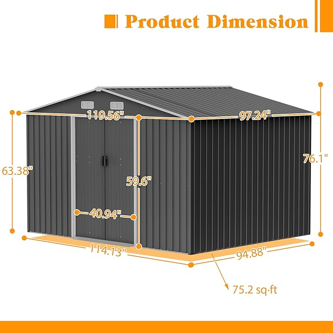 10x8 FT Sheds & Outdoor Storage Shed with Floor Frame, Metal Shed Included Lockable Sliding Door and Air Vents Foundation Steel Garden Shed with Waterproof Roof Ideal for Backyard Patio (Dark Gray