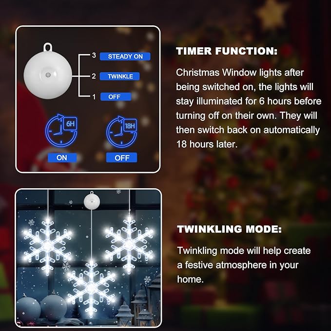3Pack Christmas Window Lights Decorations with Timer, Battery Powered Christmas Hanging White Lighted Snowflake Shaped LED Sucker for Xmas Lamp Tree Fireplace Indoor Decor