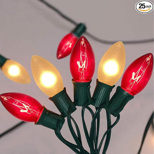 C9 Red and White Christmas String Lights 25Ft C9 Outdoor Christmas Decorations Lights with 26 Red Frosted White Bulbs, Vintage Christmas Light Waterproof for Patio Roofline Party Holiday Garden