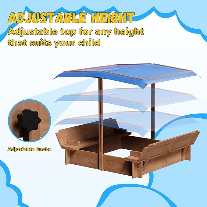 Kids Wooden Sandbox with Adjustable Canopy, Rotatable Sunshade Cover & Two Foldable Bench Seats for Outdoor Play