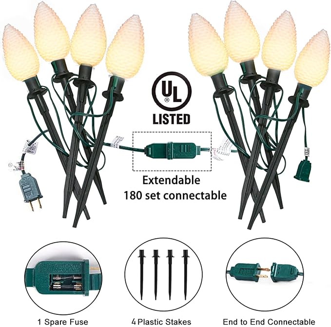 C9 Christmas Lights Outdoor Decorations Lawn with Pathway Marker Stakes, 7 Feet String Lights Covered 4 Jumbo Led White Pinecones for Holiday Time Outside Yard Garden Decor, 4 Lights