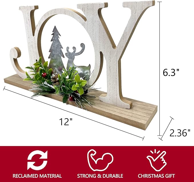 Christmas Table Decorations Joy Farmhouse Christmas Tree Elk Sign Wooden Winter Rustic Decor Vintage Holiday Block for Home Kitchen Xmas Party Mantel Tiered Tray Gift