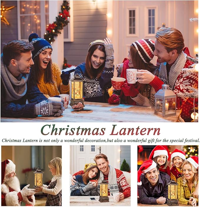 Christmas Snow Globe Lantern Christmas Decorations, Xmas Gifts Christma Vintage Home Decor Indoor,Sparkling with Music 6H Timer, Holiday Party Gifts (Snowman Family Lantern)
