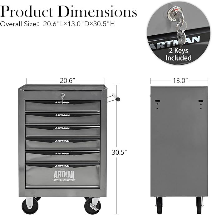 RYH 4-7 Drawers Rolling Tool Chest & Tool Box on Wheels | Heavy Duty Metal Cart with Ball Bearing Drawers | Fits US General Tool Box for Garage Storage (Silver, 6 Drawers£¨30.5 H ¡¿ 20.9 W ¡¿ 13 D)