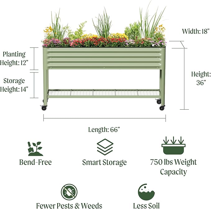 Rolling Elevated Raised Garden Bed - Slim Series, 1.5' x 5.5' Outdoor Planters Boxes with Legs & Storage Rack for Patio, 750 Lbs Weight Capacity, Raised Beds for Gardening Herbs Flowers, Olive Green