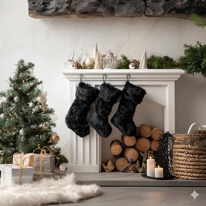 AOGU 3 Pack 18 Inch Black Christmas Stockings Faux Fur Xmas Christmas Stockings Hanging Ornaments Candy Gift Bags for Christmas Decorations