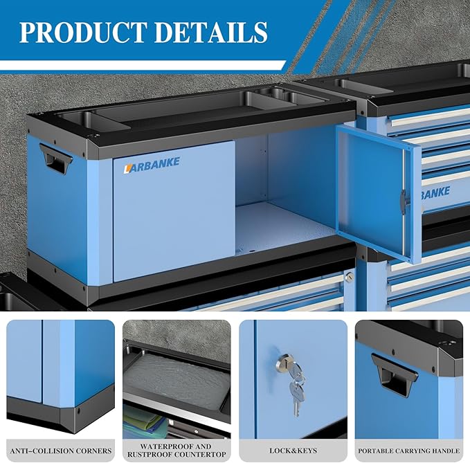 LARBANKE Heavy-Duty Lockable Double-Door Tool Box with Multifunctional Countertop,Portable Tool Box with Connecting Holes for Expansion,Durable Construction for Garage,Workshop,Warehouse Organization