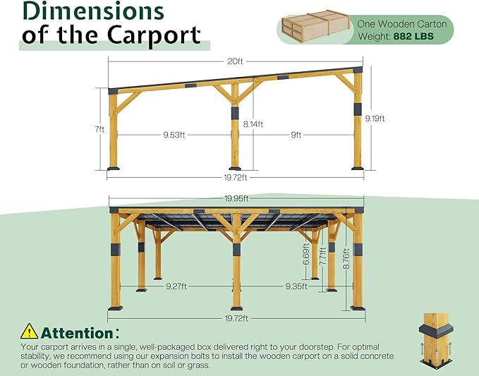 Jocisland 20x20x9.2 FT Cedar Wood Carport for 2 Cars, Heavy Duty Canopy Carport with Sloped Galvanized Steel Roof for All Weather, Permanent Shelter for Boats, Full-Sized Pickup Trucks & Tractors