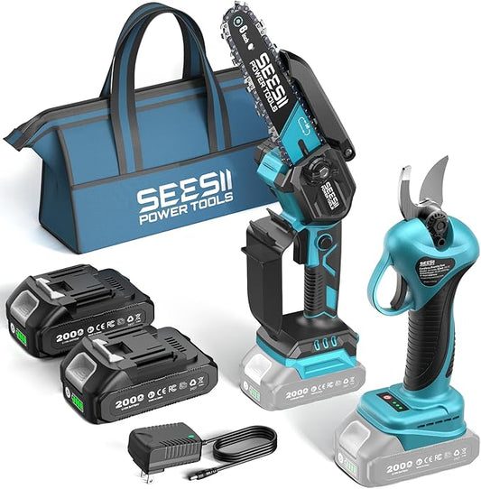 SEESII Mini Chainsaw & Electric Pruning Shears Combo, 6-inch Brushless Handheld Power Chain Saw, 1.2¡± Cutting Cordless Pruner for Tree Trimming, Tools Kit with 2x2000mAh Batteries, Fast Charger