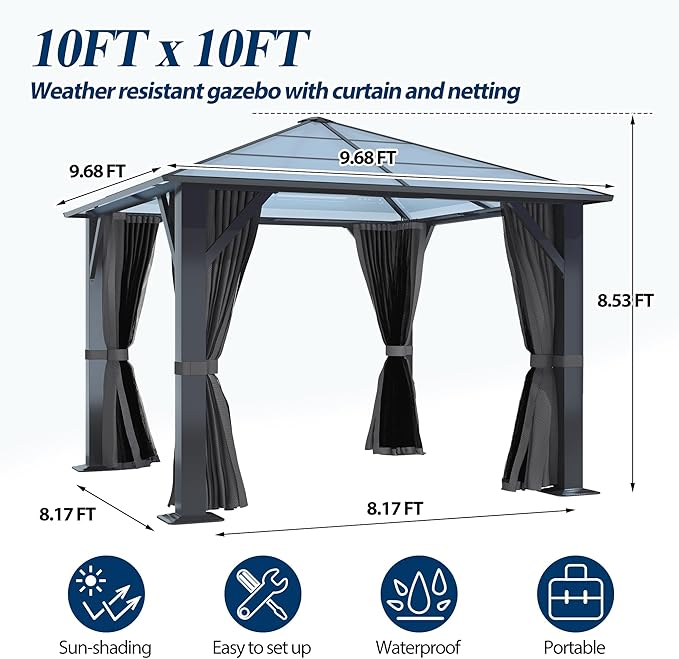 COVERONICS 10FT x 10FT Patio Polycarbonate Hardtop Gazebo with Steel Frame - Outdoor Translucent Roof Gazebo with Breathable Netting & Shaded Curtains for Porch, Lawn, Garden, Backyard, Poolside