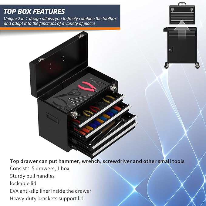 5-Drawer High Capacity Rolling Tool Box, Removable Cabinet Storage Tool Chest with Wheels and Drawers, Detachable Toolbox with Lock for Mechanics Garage Workshop and Tool Room (Black)