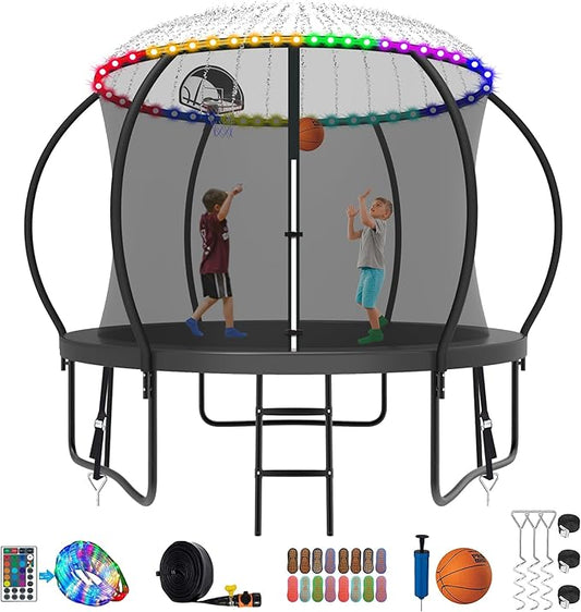 SKYUP 2026 Upgraded 8 10 12 14 15 16 FT 1500lbs Tranpoline for Kids and Adults with Light+Sprinkler+Socks, Recreational Tranpoline with Basketball Hoop, Ladder, ASTM Approved Tranpoline for 7-10 Kids